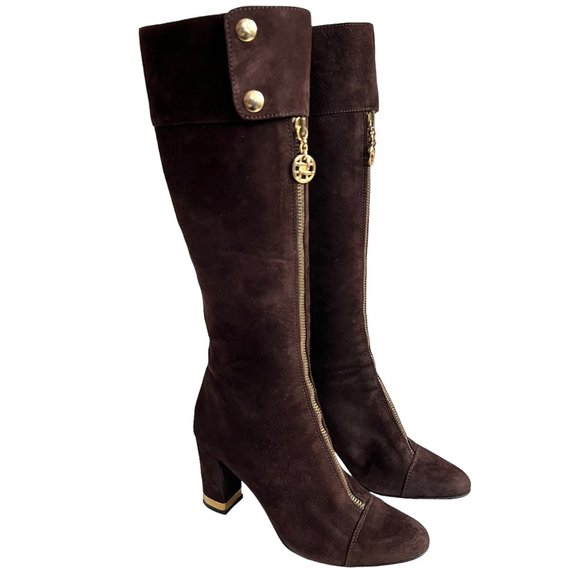 Bellofatto boots knee high brown suede zip up gold block heel size 6.5 - Picture 1 of 11